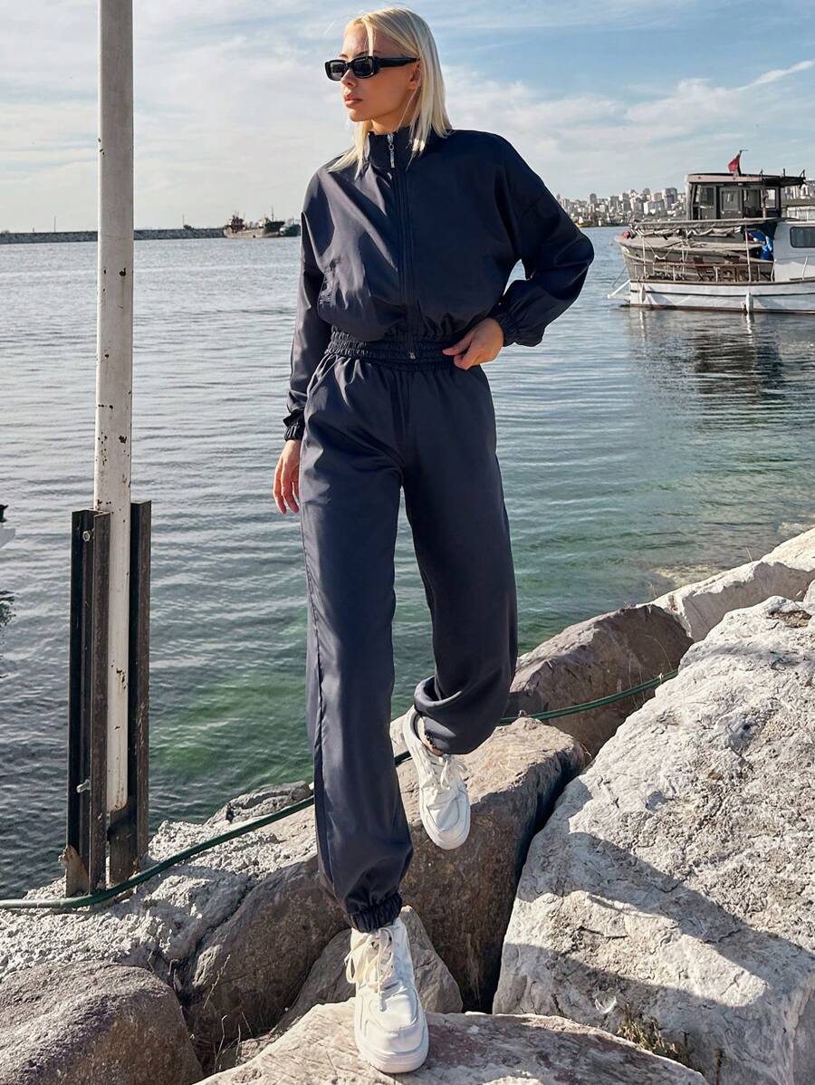 EURMUSE Drop Shoulder Zip Up Jacket & Pants - Grey - View 1