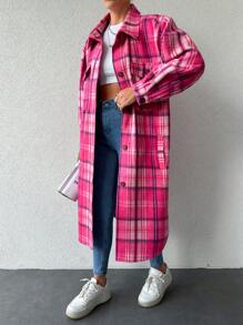 SHEIN Cottnline Kẻ sọc Flip Túi Dài Của phụ nữ Len áo - Màu Hồng Tươi - Xem 3