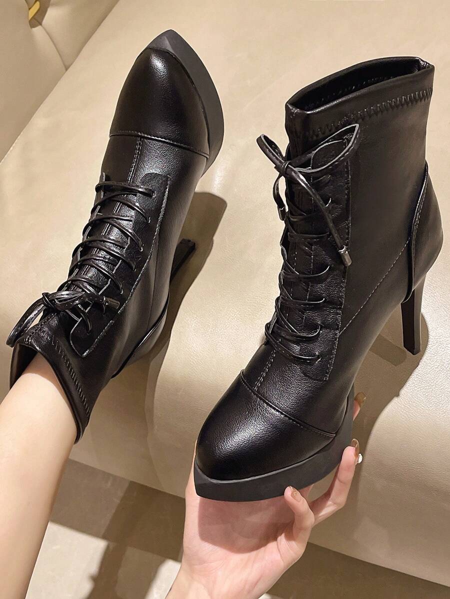 女性時尚尖頭繫帶靴,薄高跟鞋,防水防水台,合適的適用於場合