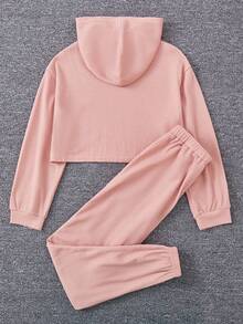 SHEIN Cô gái Tween Chi tiết Patched thư áo có mũ Áo thun & quần thể thao - Hồng - Xem 2