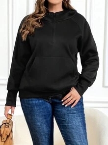 SHEIN LUNE Áo nỉ tay raglan có khóa kéo nửa thân, túi kangaroo, cỡ lớn. - màu đen - Xem 2