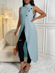 SHEIN Lady Button Detail Split Thigh Sleeveless Longline Blouse - Blue - View 6