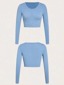 SHEIN Daily&Casual 素色運動型胸罩&短夾克&緊身打底褲 - 霧霾藍 - 查看 4