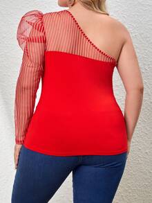 SHEIN Privé Talla grande Top de un hombro de malla de manga gigot - Rojo - Ver 2