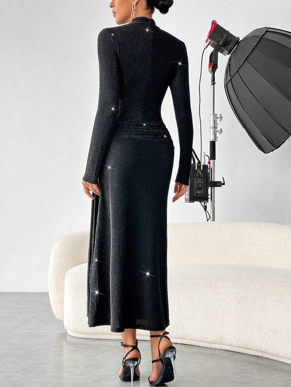 Mock Neck Ruched Waist Glitter Bodycon Dress