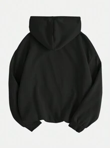 SHEIN EZwear 字母圖案袋鼠口袋抽繩加絨內裏連帽衫 - 黑色 - 查看 2