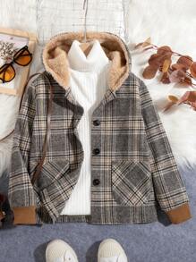 SHEIN 厚實溫暖的格紋帽風外套,適用於青少年女孩,擁有復古的英式風格,適用於秋冬日常穿著（4件分開販售） - 彩色 - 查看 5