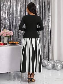 SHEIN Lady 女士純色修身上衣和彩色彈性腰裙兩件套 - 黑與白 - 查看 2