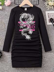 Cô gái Tween Rồng & Đồ họa Chữ cái Viền ven Đầm - màu đen - Xem 1