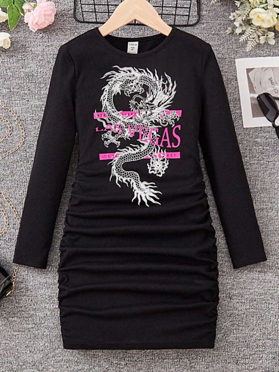 Cô gái Tween Rồng & Đồ họa Chữ cái Viền ven Đầm - màu đen - Xem 1