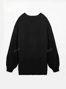 1pc Women's Solid Color Casual Long Sleeve Lantern Sleeve Knitted Cardigan, Autumn/Winter,Long Sleeve Tops