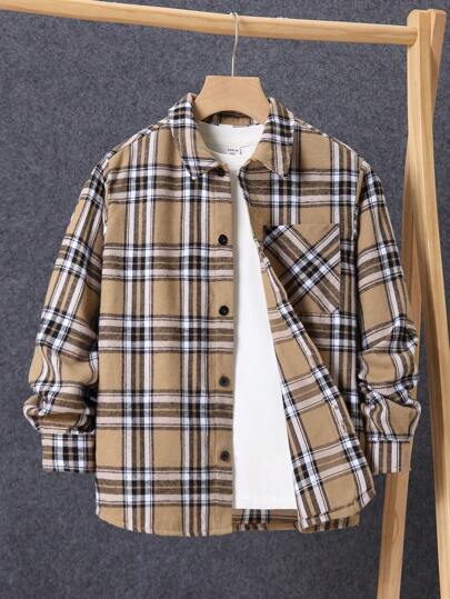 SHEIN Chico preadolescente Camisa de cuadros con parche con bolsillo sin camiseta