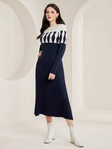 Seusyu Mẫu Geo Khối màu Đầm Áo len - Màu xanh hải quân - Xem 5