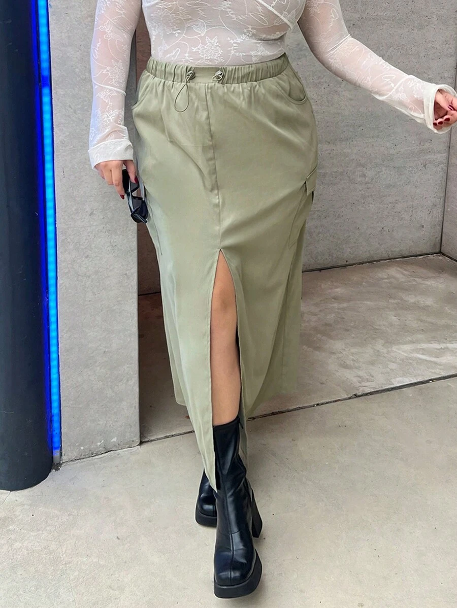 SHEIN Essnce Plus Drawstring Waist Split High Hem Cargo Skirt - Green - View 1