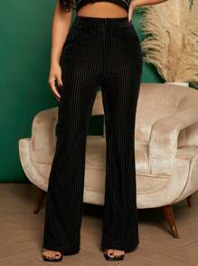 SHEIN SXY 高腰絲絨喇叭西裝褲 - 黑色 - 查看 1