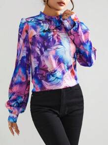 SHEIN Privé Mixade Mönster Volang Halvpolokrage Lyktärm Blusar - Multifärgad - Visa 1