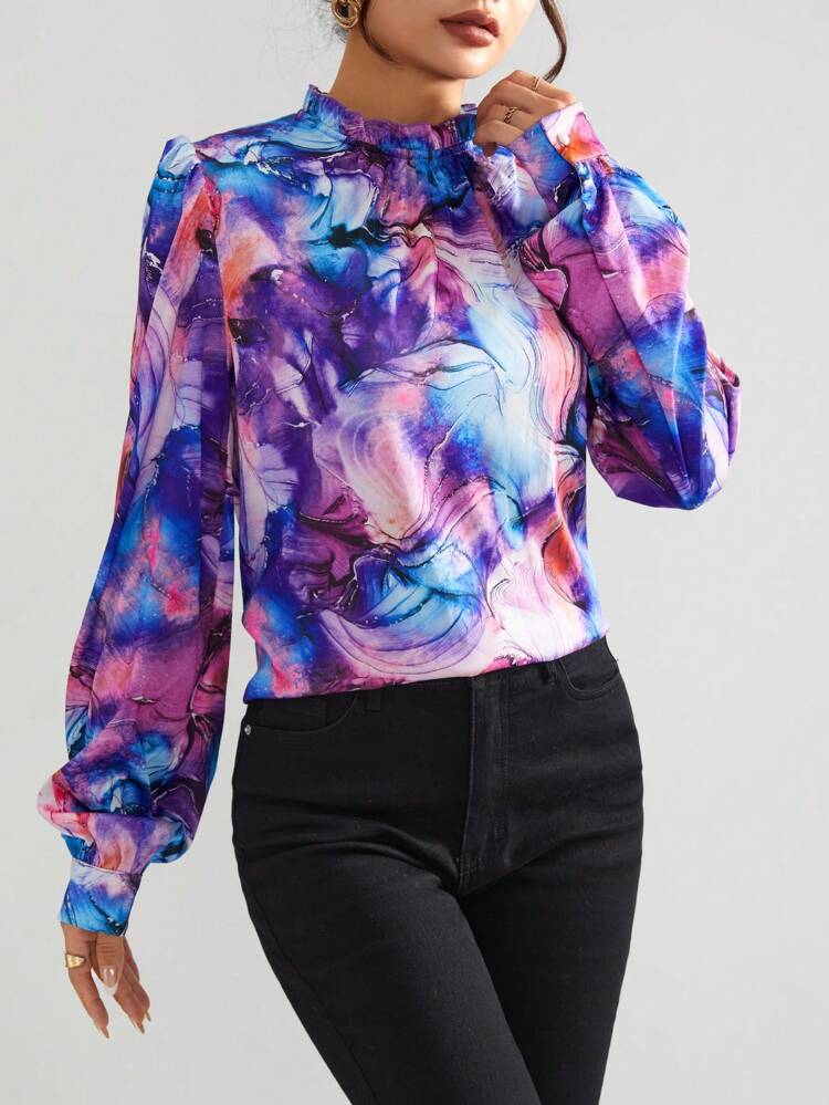 Allover Print Frill Mock Neck Lantern Sleeve Blouse