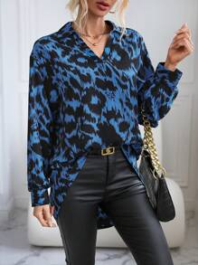SHEIN LUNE Allover Print High Low Hem Blouse - Blue - View 5