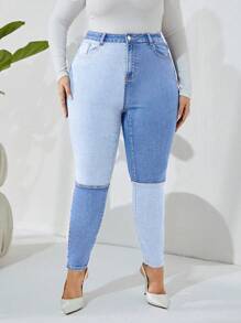 SHEIN CURVE+ Plus Size Women Elastic Denim Blue Patchwork Skinny Leggings - Blue - View 3