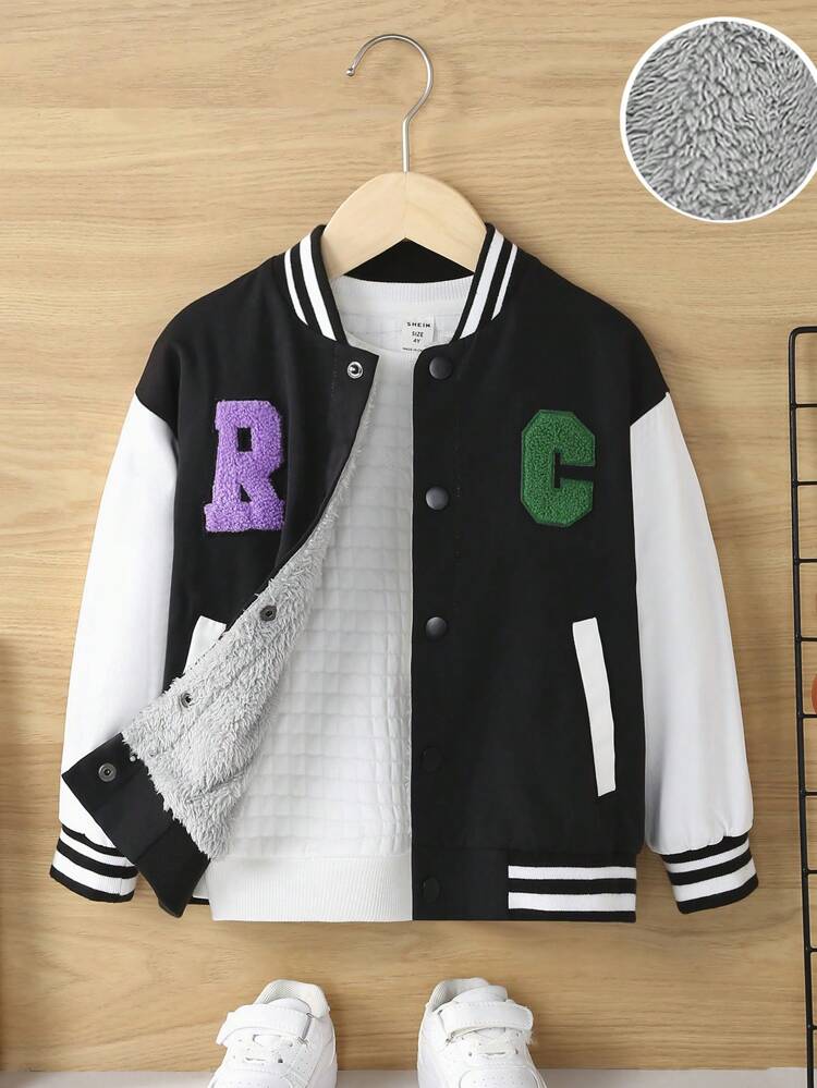 Young Boy Letter Patched Striped Trim Drop Shoulder Thermal Varsity Jacket Without Tee
