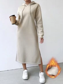 Chiquease 标语图案落肩连帽运动衫连衣裙 不完美也没关系，长袖上衣 - 卡其色 - 查看 2