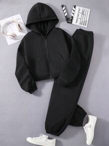 SHEIN Explorewe Teen Girl Zip Up Thermal Lined Hoodie & Sweatpants - Black - View 1