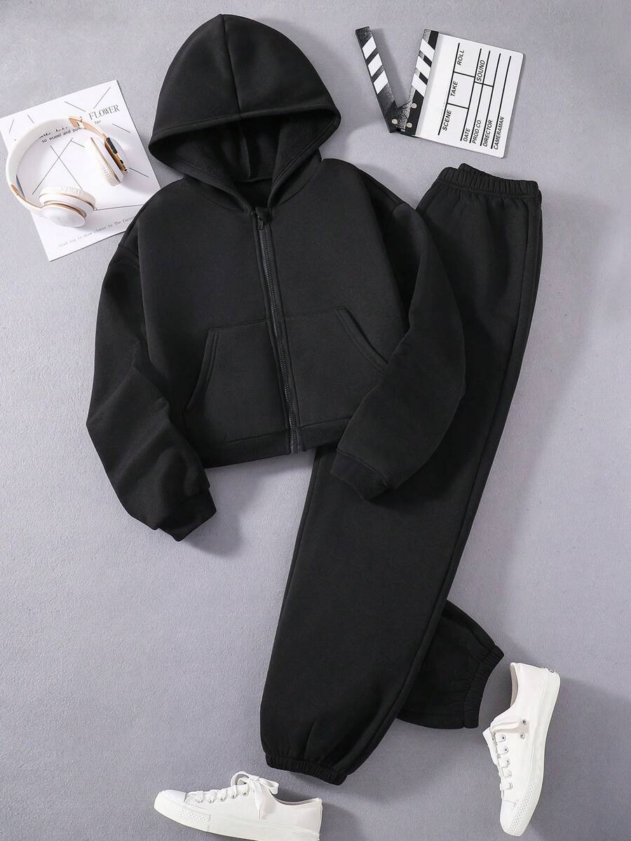 SHEIN Explorewe Teen Girl Zip Up Thermal Lined Hoodie & Sweatpants - Black - View 1