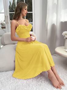 Snug Zone 荷叶边网眼吊带睡衣长裙 - 黃色 - 查看 4