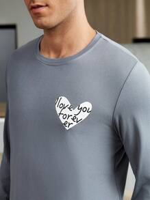 男士格紋和心形圖案長袖襯衫和褲子睡衣套裝 - 灰色 - 查看 5