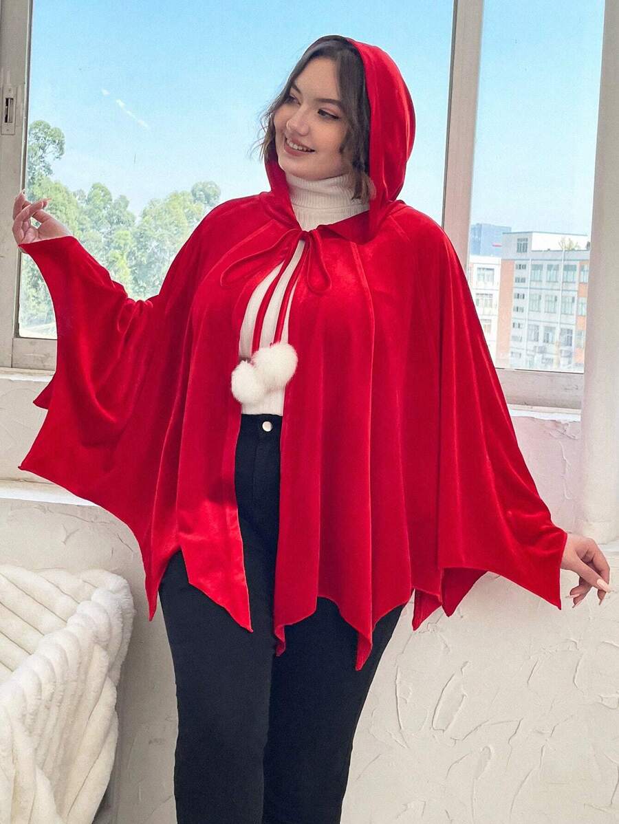 Flirla Plus Tie Front Hooded Cape Coat Fall Cloth For Women - Red - View 1