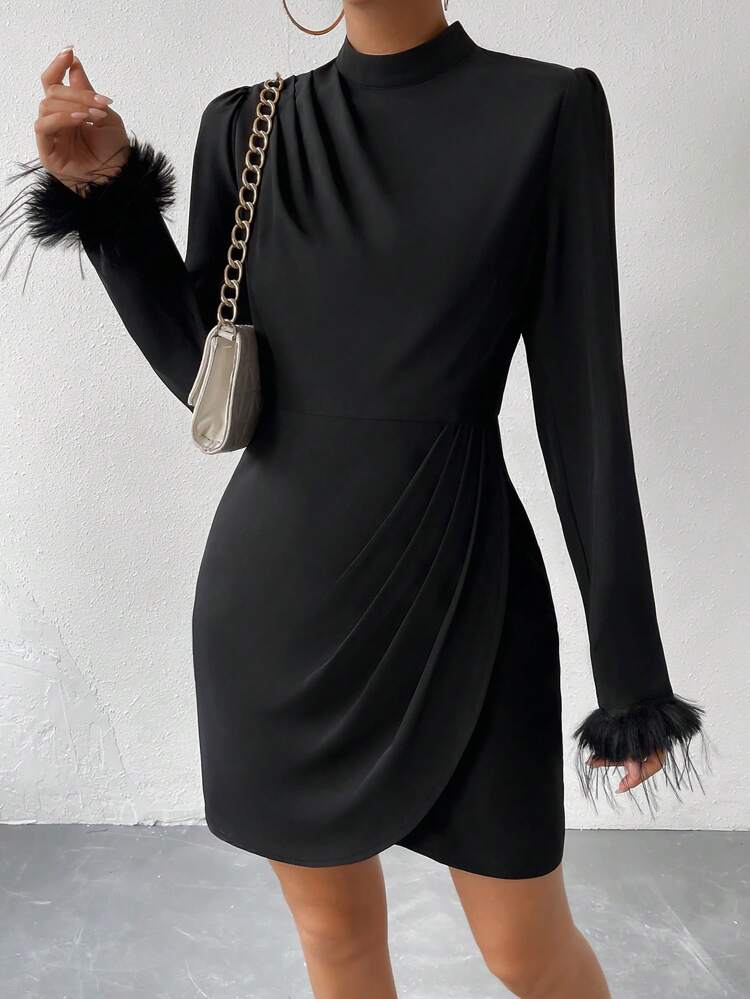Fuzzy Cuff Mock Neck Bodycon Dress Fall Cloth For Women