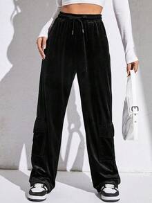 側翻蓋口袋腰部抽繩絲絨工裝褲 - 黑色 - 查看 4