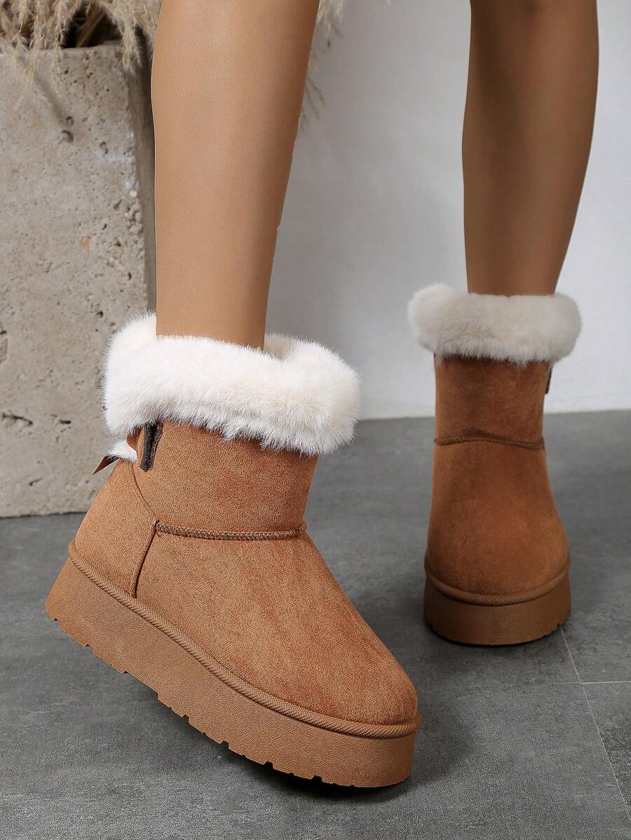Women's Thick Bottom Warm Snow Boots, Suede Fabric Patchwork Plush Crafted, Solid Color Pattern, Short Tube Wrap-Around Design, Thick Bottom Heightening, Casual Warm Style, Outdoor & Commute In Winter, Caramel Suede Material, Thermal Lined Thick Bottom Snow Boots - Brown - View 1