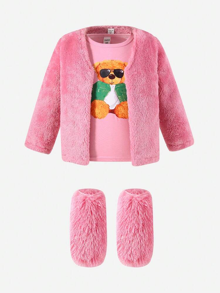 Young Girl 1pc Fuzzy Coat & Cartoon Graphic Tee & Footmuffs