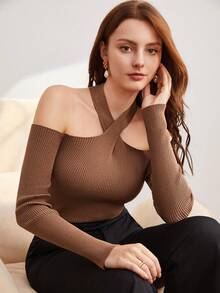 BizChic Halter Neck Đồ đan Ribbed Áo len - Màu Khaki - Xem 6