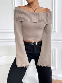 Flirla Foldover Off Shoulder Crop Sweater,Long Sleeve Tops Knit Pullover Fall Winter Sweater - Khaki - View 6
