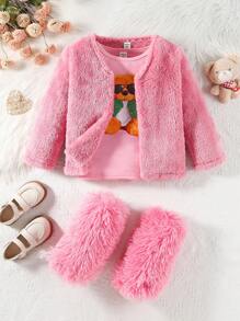 SHEIN 年輕女孩 1 件毛絨外套和卡通圖案 T 恤和腳套 - 粉色 - 查看 3