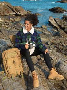 In My Nature Jachetă cu căptușeală termică cu buzunar cu clapă, guler Borg cu imprimeu în carouri