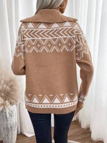 EMERY ROSE Women's Geometric Pattern Loose Fit Sweater With Zipper And Drop Shoulders Knit Pullover Fall Winter Outfit - Khaki - View 2