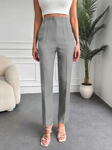 EURMUSE Solid Color High Waist Suit Pants - Light Grey - View 1