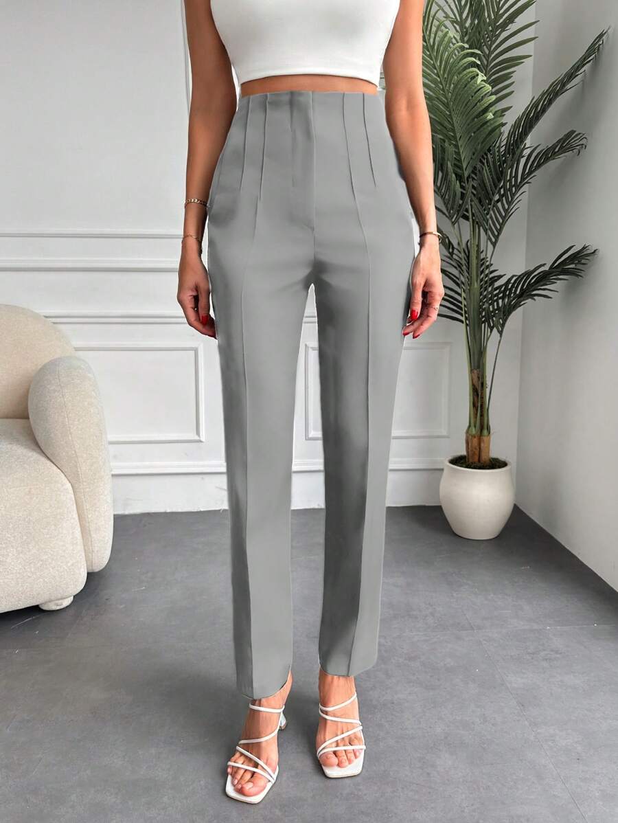 EURMUSE Solid Color High Waist Suit Pants - Light Grey - View 1