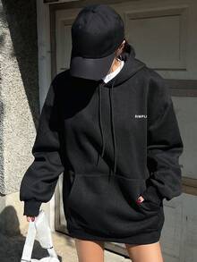 Dazy Star 標語圖案落肩袖抽繩連帽衫 - 黑色 - 查看 3