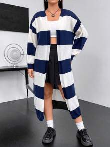 Flirla Cárdigan de hombros caídos en dos tonos de talla grande - Azul y blanco - Ver 6