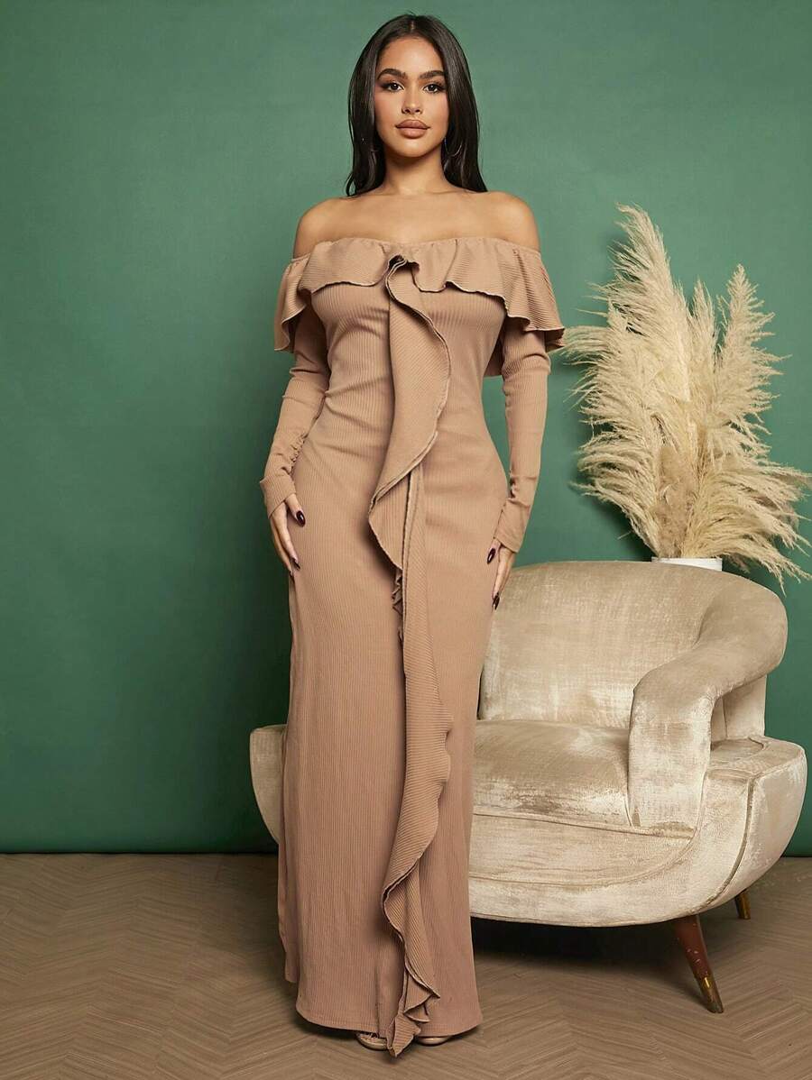 SHEIN SXY Off Shoulder Ruffle Trim Dress - Khaki - View 1