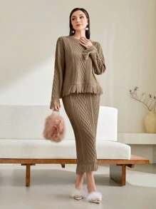 Modelyn Ruffle Hem Sweater & Knit Skirt - Khaki - View 2
