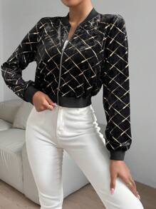 Allurite Cazadora tipo bomber dorado con patrón de rombo con cremallera de terciopelo - Burdeos - Ver 6