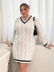 Flirla Hơn Sọc trang trí Thả vai Xoắn Dan Đầm Áo len - Đen và trắng - Xem 3