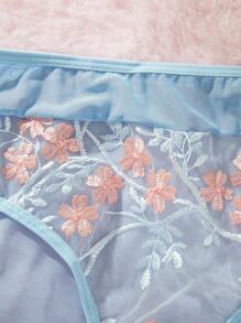 Plus Size Women's Embroidered Mesh Underwear - Blue - View 3