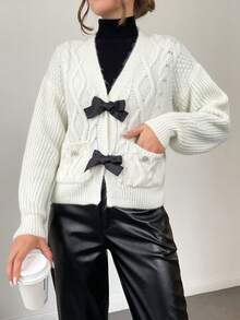 EURMUSE Butterfly Bow Detail Cable Knit Cardigan Sweater - White - View 5