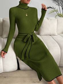 SHEIN Clasi Tương phản ràng buộc Áo cao cổ Thắt lưng Váy len bó sát - xanh quân đội - Xem 3